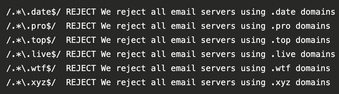 Block mail servers on HELO/EHLO hostname using TLD
